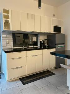 a kitchen with white cabinets and a black appliances at Departamento completo in Chihuahua