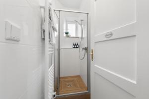 a bathroom with a shower with a glass door at Liebelei Miesbach Boutique Apartment - 2 Min zum Bahnhof, eigener Parkplatz in Miesbach +28 photos