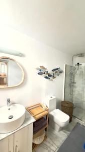 a bathroom with a sink and a toilet and a mirror at ''TSI TSI' traditional home & private Pool' in Kalithies