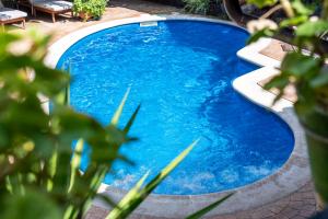 a large blue swimming pool in a yard at Hanami House Boutique 4 Estrellas Valle del Jerte in Navaconcejo