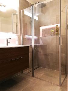 un baño con ducha y lavabo en Ferienwohnung am Campus, en Oldenburg