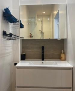 Un baño con un lavabo blanco y un espejo. en MaïTyNa - Tomorrowland Stay, en Rumst