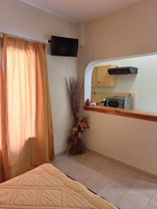 una camera con letto e una cucina con forno a microonde di Salvanos Residence a Ipsos