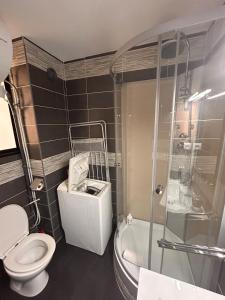 Un baño con inodoro, ducha y lavabo. en Adorable studio, en Les Lecques