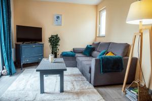a living room with a couch and a tv at le refuge des cépages - essoyes in Essoyes