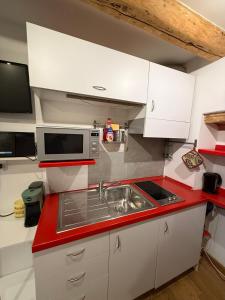 a small kitchen with a sink and a microwave at James Joyce - Metro Cubo in Trieste +6 photos