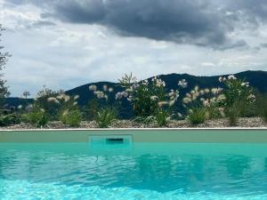a swimming pool with a view of the mountains at Tipì Arya in Chiusanico