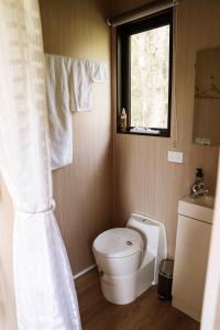 a small bathroom with a toilet and a window at Farmhouse 2 at Coffs by Tiny Away in Toormina +20 photos