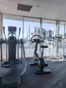 a gym with cardio machines and a view of the city at Darling Harbour Luxurious Retreat in Sydney +48 photos