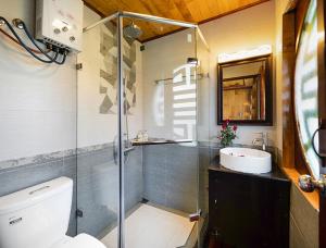 a bathroom with a shower and a toilet and a sink at Halong Ocean Cruise 6 in Ðảo Cát Bà