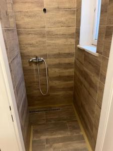 a shower with a shower curtain in a bathroom at Budget Single Room Old Town in Košice