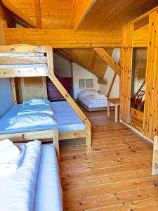 a room with two bunk beds in a cabin at Apartments Steinwänd in Grünau im Almtal
