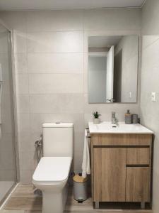 Un baño con inodoro, lavabo y espejo. en Vivienda Turística La Cordobesa, en Córdoba