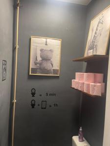 a bathroom with a teddy bear on the wall at Bel appartement centre gare in Nancy