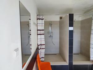 a bathroom with an orange chair and a shower at Yacht Club Bezdrev in Hluboká nad Vltavou