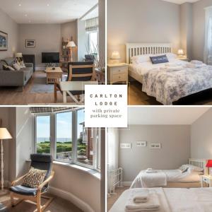 a collage of two pictures of a room with a bedroom at Carlton Lodge, Two bedroom apartment with parking space in Broadstairs