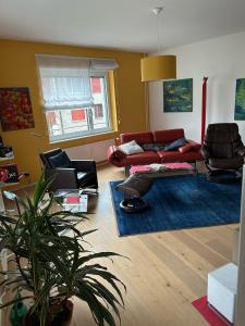 巴塞尔ESC-Basel-Flat - Whole rent to save our MUSICAL THEATER BASEL的客厅里有一张红色的沙发和椅子