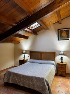 ein Schlafzimmer mit einem Bett und zwei Nachttischen mit Lampen in der Unterkunft Spacious House in Ogassa with Terrace and BBQ in Ogassa