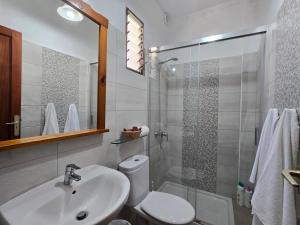 a bathroom with a sink and a toilet and a shower at Pensión Los Volcanes in Fuencaliente de la Palma