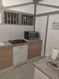 勒弗朗索瓦Chez Angèle的厨房配有炉灶和微波炉。