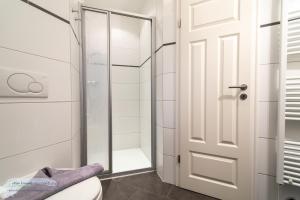 een witte badkamer met douche en toilet bij Ferienwohnung 1 im 'BÖTTCHER HUUS' in Langeoog