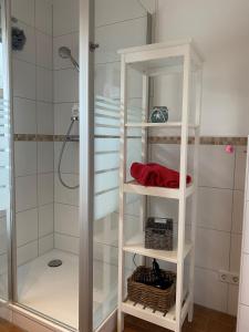 y baño con ducha y estantería blanca. en Residenz 'NORDLICHT', en Langeoog