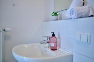 a bathroom sink with a pink soap bottle on it at Sunny Hotel Regenstauf in Regenstauf