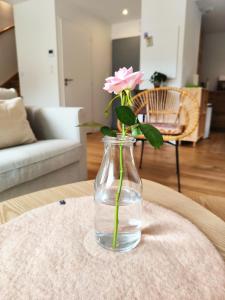 a pink rose in a vase on a table at Villa Holidays Ocean in Messanges