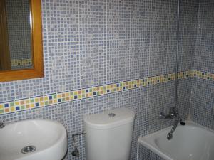 uma casa de banho em azulejos azuis com um WC e um lavatório em Pensión Serafín em Avilés