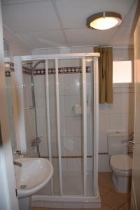 a bathroom with a shower and a sink and a toilet at Planta baja con gran terraza y jardín Altaona golf in Murcia +36 photos