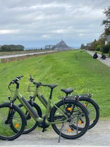 two bikes are parked next to a grass field at Cottage Le Phare - Le Clos de la Morière in Mont-Dol +44 photos