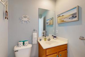a bathroom with a sink and a toilet and a mirror at Northern Michigan Manistee Magic in Manistee +14 photos