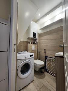 une salle de bain avec machine à laver et toilettes dans l'établissement Le Loft Minimaliste, à Savigny-sur-Orge