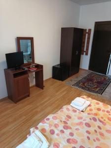 a bedroom with a bed and a desk and a mirror at Pensiunea Isabela in Craiova