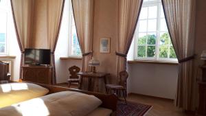 a bedroom with a bed and a tv and windows at Hotel Burg Bollendorf in Bollendorf