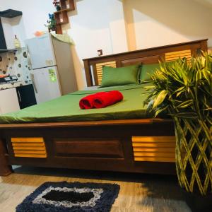a bed with a red pillow on top of it at Nehan Villa in Pelena