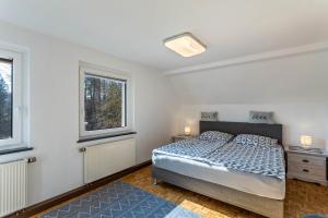 a bedroom with a bed and two windows at Ferienwohnung Ankerplatz, 65qm in Langscheid