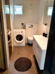 a small bathroom with a washing machine and a sink at Explorers Cabin Lofoten in Offersøya
