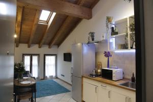 a kitchen with a refrigerator and a table at Midnight blues for 3 people near the airport in Azzano San Paolo