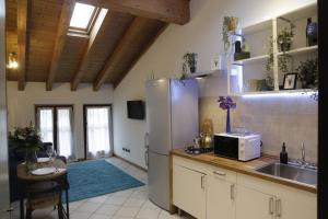 a kitchen with a refrigerator and a sink and a table at Midnight blues for 3 people near the airport in Azzano San Paolo +51 photos