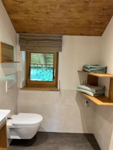 a bathroom with a toilet and a window at Traumplatz im Allgäu in Rettenberg