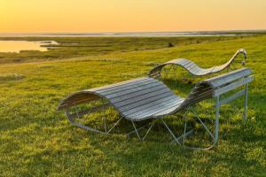 a bench sitting in the grass in a field at Appartement "Deichblick" Cappel Whg 10 in Cappel-Neufeld +11 photos