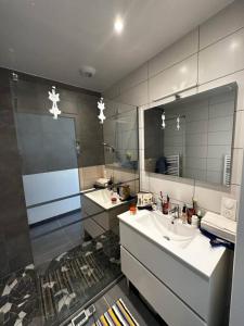a bathroom with a sink and a mirror at La belle escale landaise - PDJ inclus, parking, gare & proche Hossegor in Saint-Vincent-de-Tyrosse