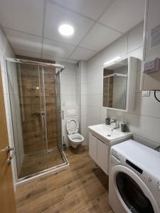 a bathroom with a shower and a toilet and a sink at Lux apartment Rose in Kragujevac +33 photos