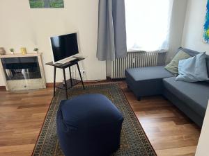 a living room with a blue couch and a television at La Terrazza sui Tetti nel cuore di Torino in Turin