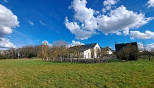 a house in a field with a blue sky and clouds at Maison tout confort proche Azay-le-Rideau 8 p in Azay-le-Rideau