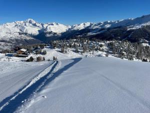 a snow covered mountain with a road in the foreground at Appartement - La Plagne - Les Coches - 7 Personnes - Pieds des pistes in La Plagne Tarentaise