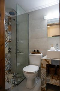 a bathroom with a toilet and a glass shower at Vavana Studios in Symi +48 photos