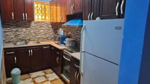 a kitchen with wooden cabinets and a white refrigerator at Nuria luxurious one bed room apartment in Sekondi-Takoradi