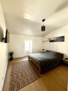 a bedroom with a bed and a rug at Maison de village rénovée in Lédignan